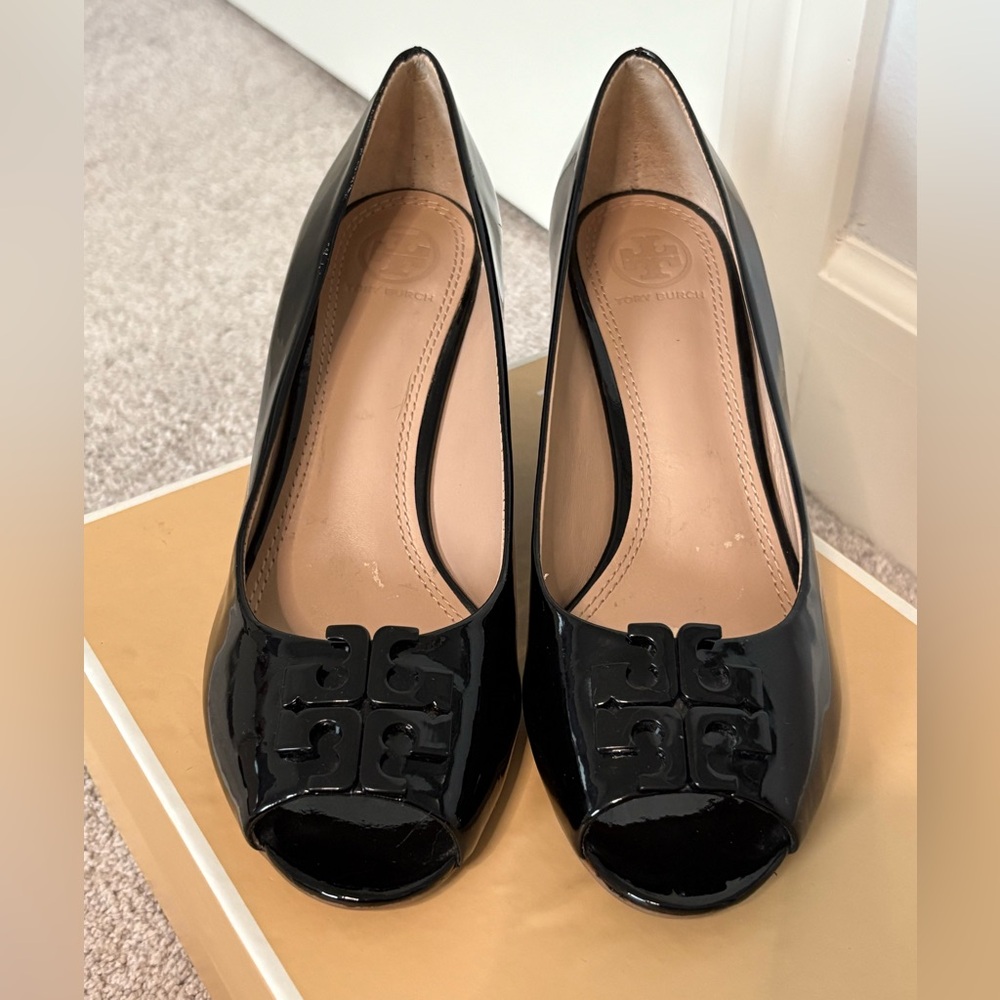 Tory Burch Black Patent Leather Peep Toe Wedge Heels